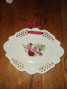 Decorative Formalities Rose Wall Plate with Pink Ribbon - White